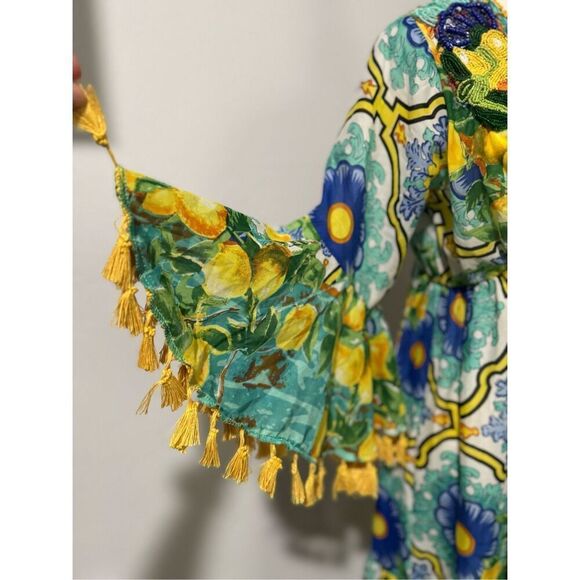 Antica Sartoria NWT lemons blue floral pattern beaded tie front long maxi cover - Picture 11 of 16